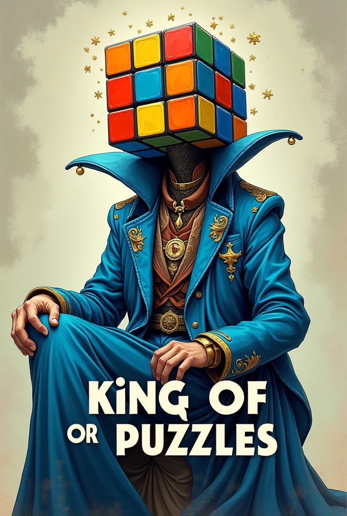 Create a character that has a Rubik's cube head, and with a strange but cool suit , It is the king of puzzles and it says below "SR JUANCHIS", the suit is blue ,
