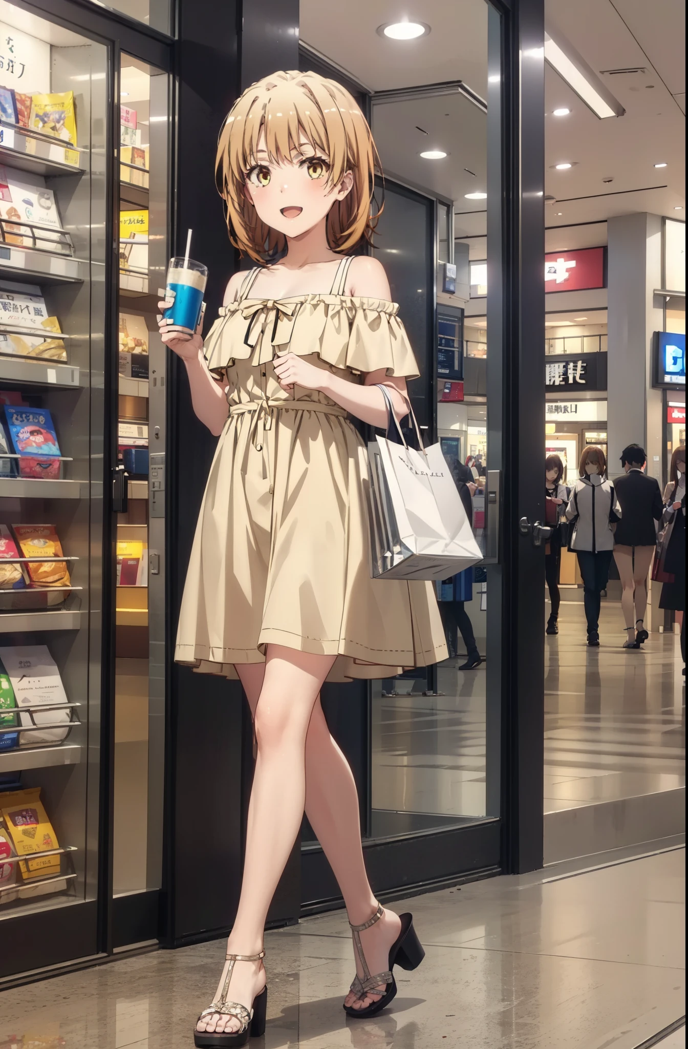 Irohaisshiki, isshiki iroha, short hair, Brown Hair, (Brown eyes:1.5), smile,Open your mouth,smile,Off-the-shoulder yellow dress,mini skirt,Cute heeled sandals,Walking,whole bodyがイラストに入るように,
break indoors,Shopping mall,
break looking at viewer,whole body,
break (masterpiece:1.2), Highest quality, High resolution, unity 8k wallpaper, (figure:0.8), (Beautiful attention to detail:1.6), Highly detailed face, Perfect lighting, Highly detailed CG, (Perfect hands, Perfect Anatomy),