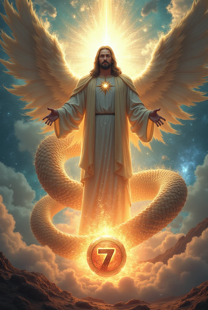 Create an image where sheing long is surrounding the redeemer christ and the dragon ball number 7