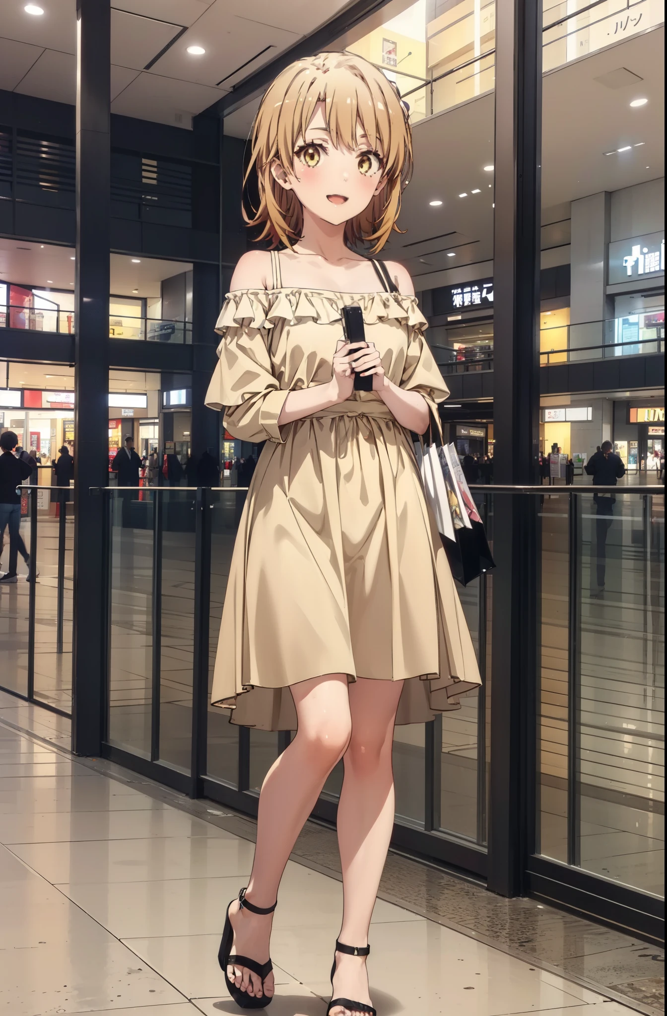 Irohaisshiki, isshiki iroha, short hair, Brown Hair, (Brown eyes:1.5), smile,Open your mouth,smile,Off-the-shoulder yellow dress,mini skirt,Cute heeled sandals,Walking,whole bodyがイラストに入るように,
break indoors,Shopping mall,
break looking at viewer,whole body,
break (masterpiece:1.2), Highest quality, High resolution, unity 8k wallpaper, (figure:0.8), (Beautiful attention to detail:1.6), Highly detailed face, Perfect lighting, Highly detailed CG, (Perfect hands, Perfect Anatomy),