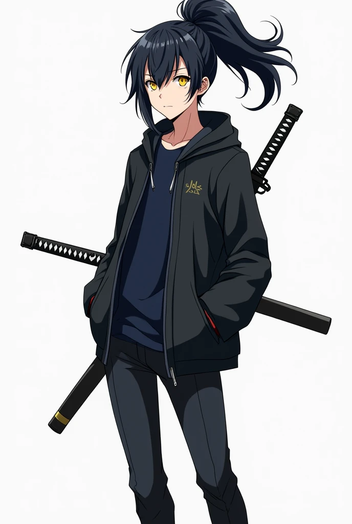 Create an anime style character, male gender with short and slightly spiky black hair with the fringe covering the face a little on the left side and with a giant ponytail, big yellow eyes, Men&#39;s black windbreaker jacket with dark blue shirt, black gloves, black pants with men&#39;s black boots, with a purple sheathed katana on his back.