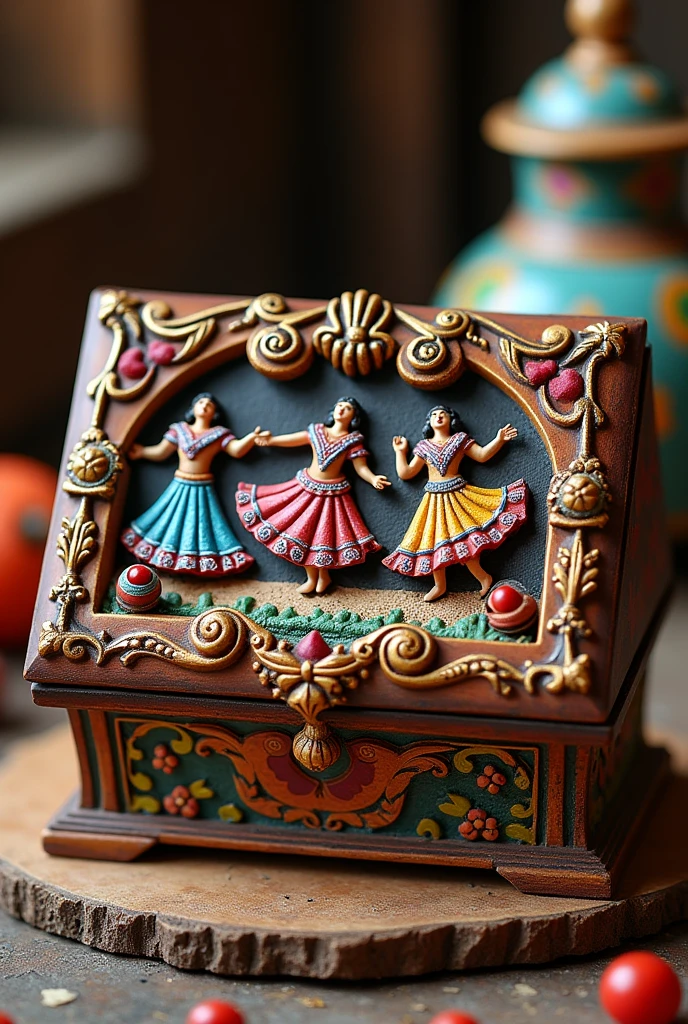 Musical jewelry box with moving characters Bolivian that is rectangular in shape The exterior is sculpted to imitate a miniature dance entrance.The lid of the box features a relief scene of a traditional Bolivian dance.. Imagine figures of dancers in colorful costumes, like those of the Diablada dance, with embossed details that show the costumes rich in embroidery and ornaments.
The dancers are surrounded by decorations representing elements of the Oruro Carnival., like masks and pompoms, carved in wood or painted ceramic.