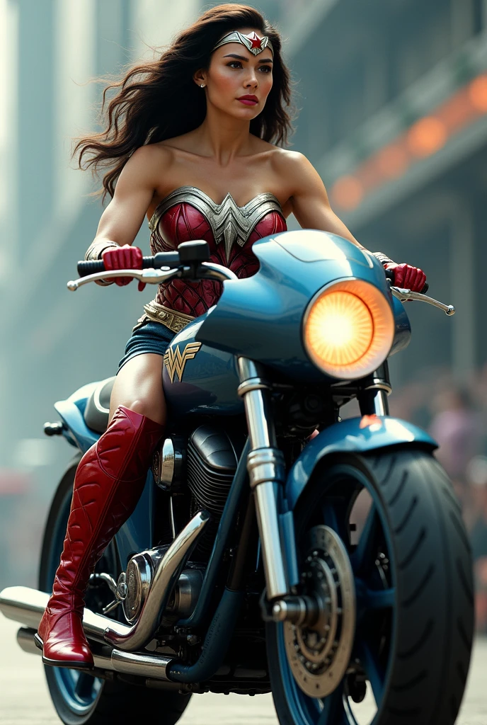 (((Wonder Woman wearing a navy blue leather jumpsuit with scales covering her neck,torso and forearms red corset in silver metal diaema armor with a red star on her forehead long red boots up to her knees riding a large red futuristic high-displacement motorcycle Wonder Woman logos on the motorcycle)))