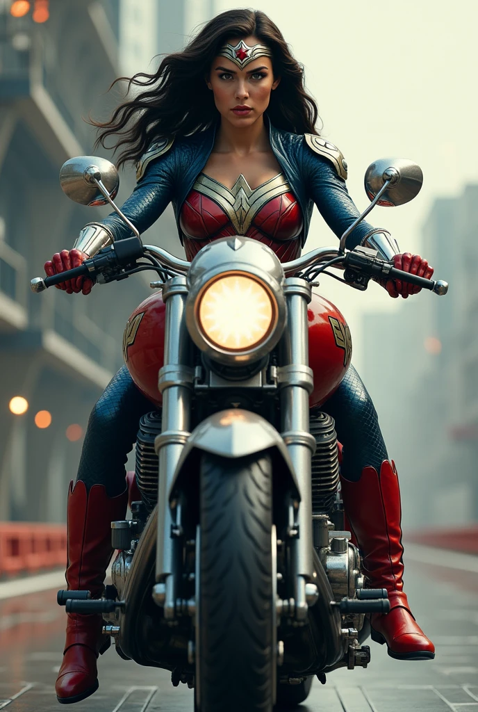 (((Wonder Woman wearing a navy blue leather jumpsuit with scales covering her neck,torso and forearms red corset in silver metal diaema armor with a red star on her forehead long red boots up to her knees riding a large red futuristic high-displacement motorcycle Wonder Woman logos on the motorcycle)))