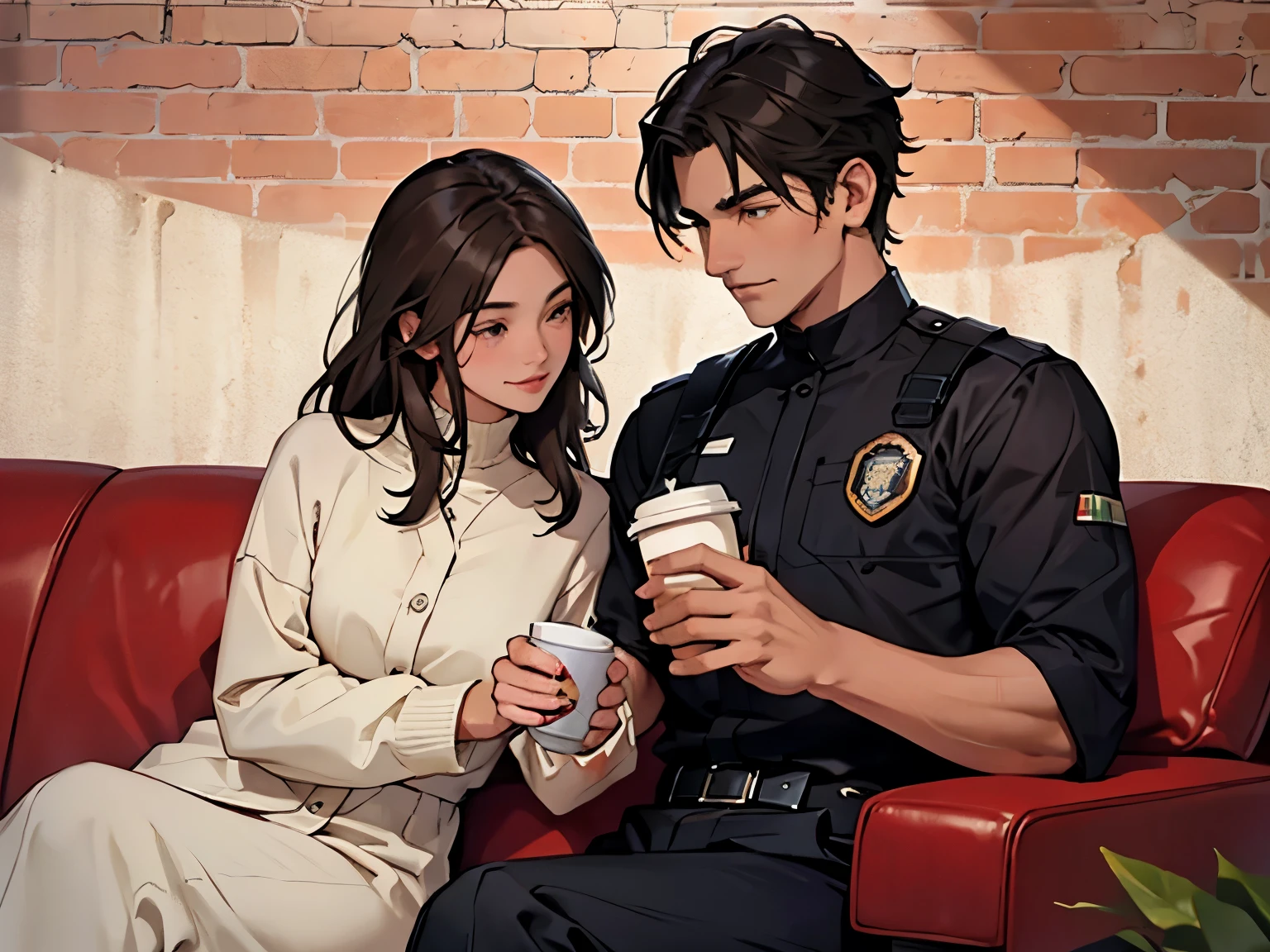 male people（Bblack hair、greeneyes, shorth hair、All back、40s、 Policerman、Tio）、Women（A brunette、eyes browns, short-cut、19s、coffee cups 、A brunette, sweatshirt ）、Men and women in love、A man and a woman are sitting together on the comfortable sofa, happily talking and drinking coffee with brick wall background