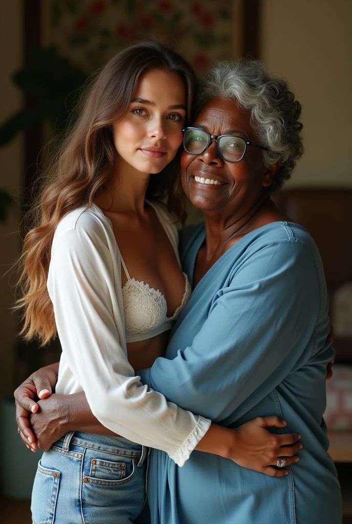 Create a photo of a 20 year old young woman, with a slender and beautiful body, wearing jeans and an open white shirt and white lace bra, with white and clear skin, with long brown hair being carried in the arms of a 90 year old elderly lady, obese with dark black skin and wearing a blue dress and glasses