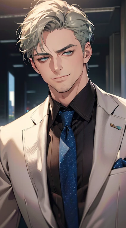 (best quality,4k,8k,highres,masterpiece:1.2),ultra-detailed,(realistic,photorealistic,photo-realistic:1.37),1 man,3,mature man,very handsome,without expression,smile,short grey green hair,blue eyes,penetrating gaze,perfect face without errors,imposing posture,businessman,office background,cinematic lighting,hdr image