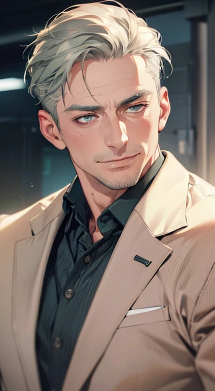 (best quality,4k,8k,highres,masterpiece:1.2),ultra-detailed,(realistic,photorealistic,photo-realistic:1.37),1 man,3,mature man,very handsome,without expression,smile,short grey green hair,blue eyes,penetrating gaze,perfect face without errors,imposing posture,businessman,office background,cinematic lighting,hdr image