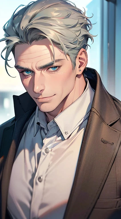 (best quality,4k,8k,highres,masterpiece:1.2),ultra-detailed,(realistic,photorealistic,photo-realistic:1.37),1 man,3,mature man,very handsome,without expression,smile,short grey green hair,blue eyes,penetrating gaze,perfect face without errors,imposing posture,businessman,office background,cinematic lighting,hdr image