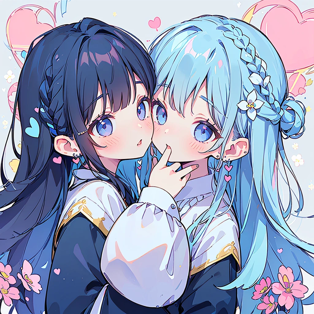 ((17years old man:1.3)), masterpiece, best quality, braid hair, dark blue hair, (half up and half down hair:1.1),(portrait),white wedding dress,(pop and cute flower pattern background), (perfect hand),(blue,white),looking front,((Large and gorgeous earrings:1.1)),(KISS Face:1.35),((upper body)),((heart:1.2)),((hand to own mouth:1.35)),(blush:1.3)