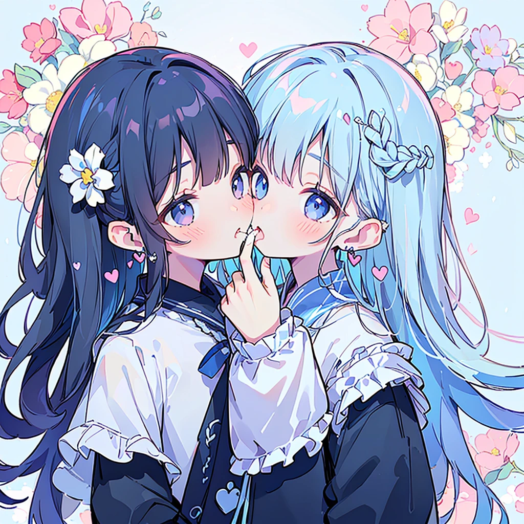 ((17years old man:1.3)), masterpiece, best quality, braid hair, dark blue hair, (half up and half down hair:1.1),(portrait),white wedding dress,(pop and cute flower pattern background), (perfect hand),(blue,white),looking front,((Large and gorgeous earrings:1.1)),(KISS Face:1.35),((upper body)),((heart:1.2)),((hand to own mouth:1.35)),(blush:1.3)