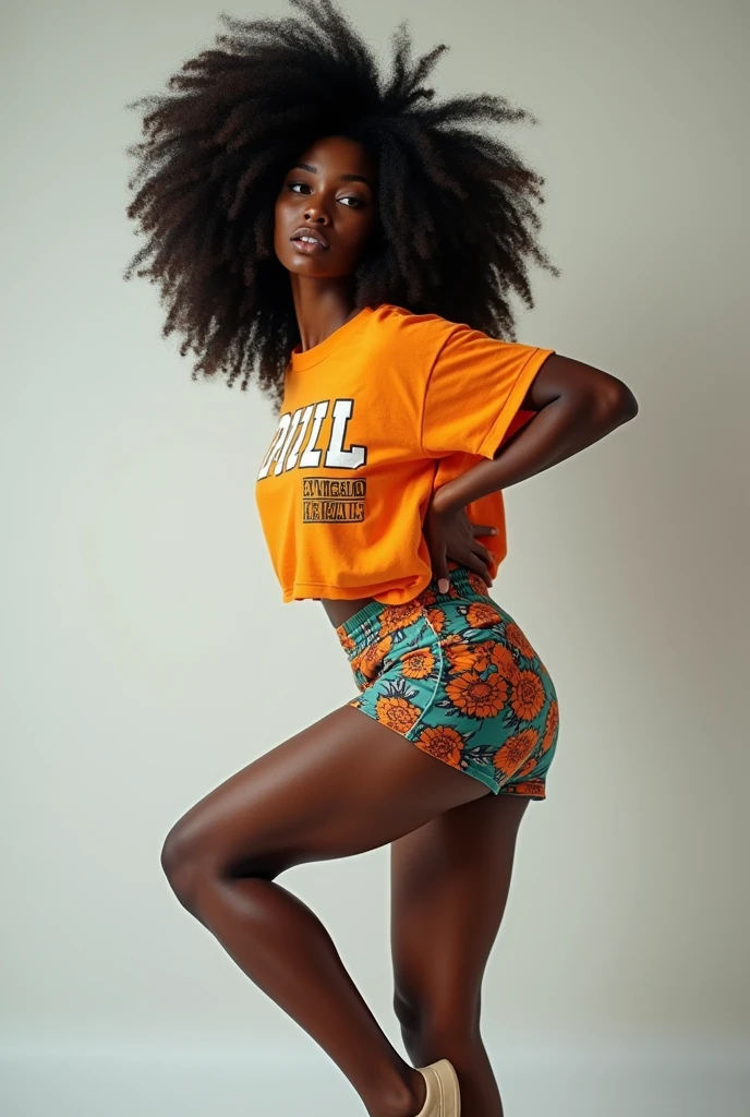 Black girl with afro, dressed in a loose hip hop print t-shirt and tight sports shorts twerking