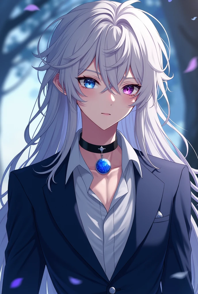 Boy between 16 and 1 with long white hair with blue heterochromia in the right eye and violet in the left eye. , with a black choker with a 5cm round translucent blue crystal pendant attached to the choker, con copos ❄ al estilo anime