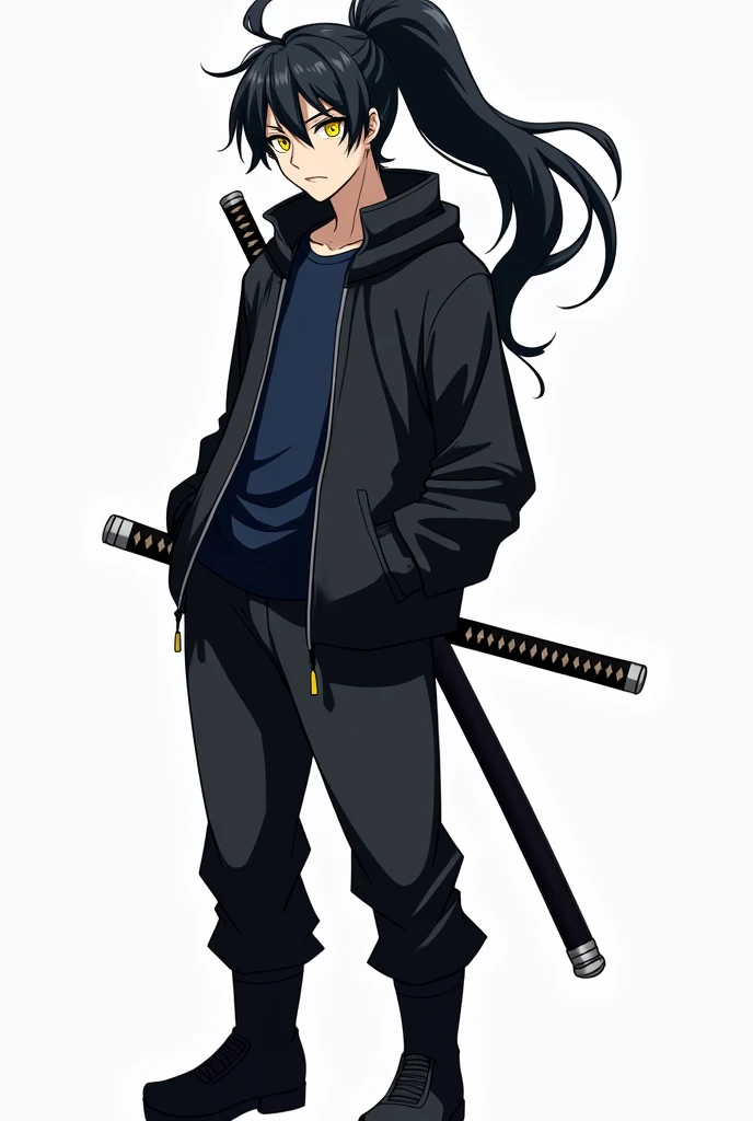 Create an anime style character, male gender with short and slightly spiky black hair with the fringe covering the face a little on the left side and with a giant ponytail, big yellow eyes, Men's black windbreaker jacket with dark blue shirt, black gloves, black pants with men's black boots, with a purple sheathed katana on his back.