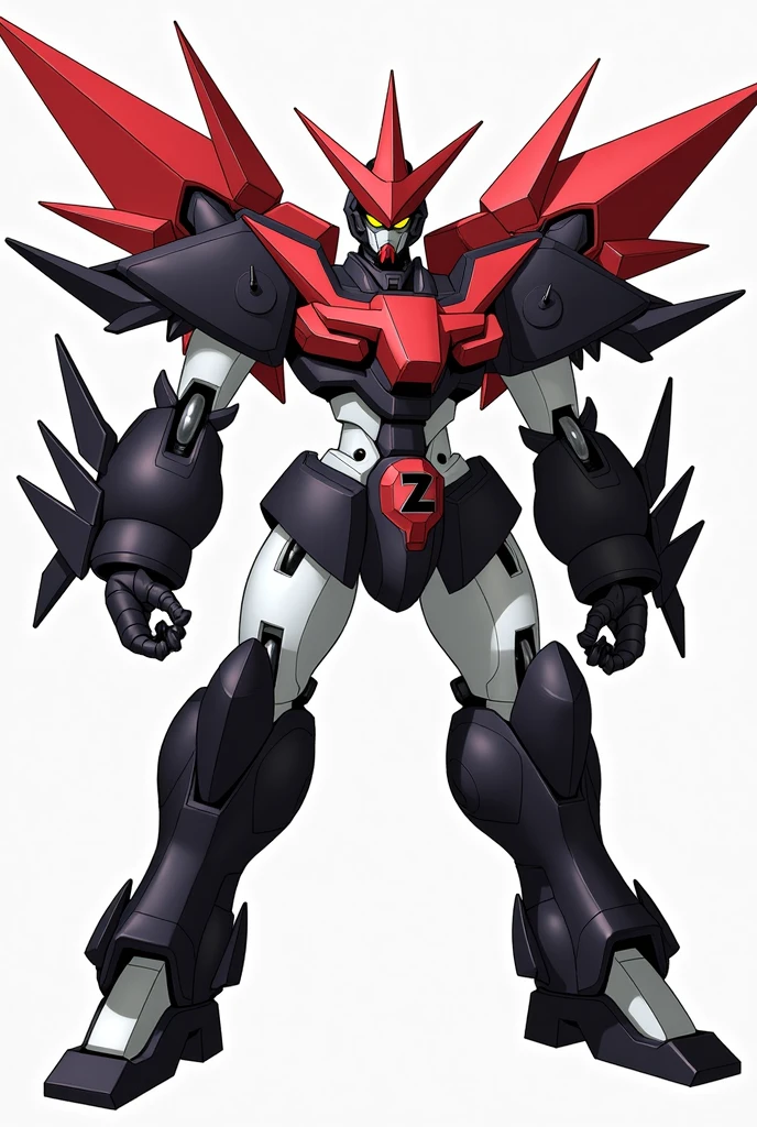 Mazinger Z screenshot.
A robot with red Z-shaped chest plates, its forearms and legs are black and its thighs and arms are white with a red glider on its head., His eyes are slanted yellow and his shoulders, Its arms and legs are shaped like a thorn and its arms look like drills and it has red wings and it has a black and white core in its chest shaped like a Z. Its fingers are sharp like claws and its mouth has holes. 