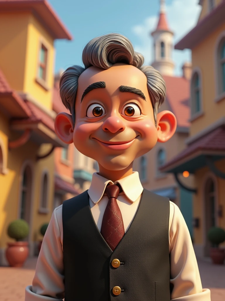 Create a Disney Pixar-style, 3D character of a 6 man, brown eyes, short gray hair, with a normal mouth, a big, airy nose, thick eyeshadows, wearing dress clothes
