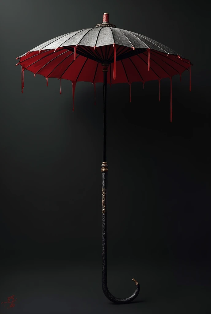 An umbrella with a black handle and blood red accents, this umbrella is long, but actually this umbrella is a katana in disguise