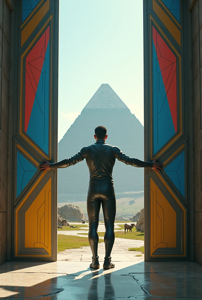 Un homme avec des vêtements futuristes pousse des deux mains des portes futuristes avec des figures géométriques de couleurs différentes sur la porte et devant lui une pyramide avec de l'herbe et des animaux .