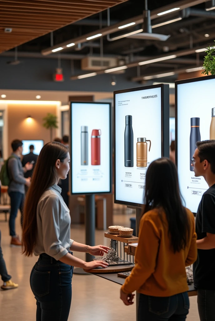 People buying thermoses through interactive screens in a cafeteria 