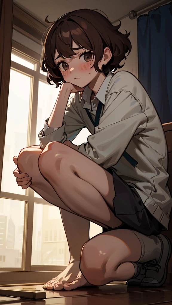 Brown Hair, Curly hair, ショートパンツ, サスペンダー, I have an injured knee, boy, Short Hair, Short Hair, Holding his knees, Bleeding from the knees, Very short hair, , Inside the room, tearing up, ear blush, endured face, short hair, chiaroscuro, Surrealism, cinematic lighting, UHD, high details, best quality, highres, 16k
