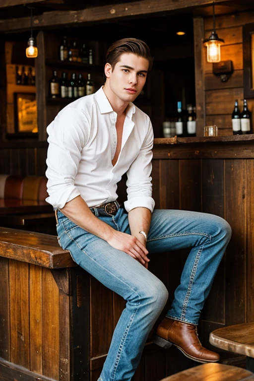 Young handsome cute white skin soft skinny beautiful in a cowboy bar sitting on armchair with 3 handsome men beside him