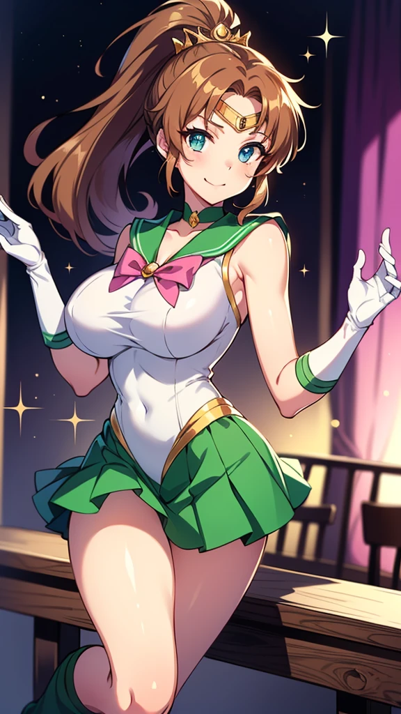 View your audience, See this、Looking into the camera、Sailor Jupiter、Are standing、Hmph , Thigh opening、Spread your legs、beautiful脚、Raise one leg、face exposed to light、Sparkling eyes、Vivid eyes、Clear contours、Clear contours、Clear contours、Detailed contours、blue eyes、Big eyes、Clear Eyes、Clear Eyes、ponytail、Brown Hair、White leotard、White gloves、Long gloves、Pink Ribbon、Gold Tiara、Green Brooch、Green sailor collar、Green mini skirt、Green pleated skirt、Green elbow pads、Green Boots、Sailor Moon、Laughter、Laughter、誇らしげなface、have confidence々face、かわいいface,((Tabletop)),((Highest quality)),Very detailed,Consciousness upward,Explicit,beautiful body,beautiful nose,beautiful character design,Perfect Eyes,完璧なface,wallpaper,Ultra-high resolution,4K,photograph,(beautiful, Large Breasts:1.2),(beautiful face:1.2),(beautiful legs, Perfect Legs),Glowing Skin,Official Style,one person&#39;s,masterpiece、Best image quality、detailed explanation、one person&#39;s，Large Breasts、Grassland、Grass