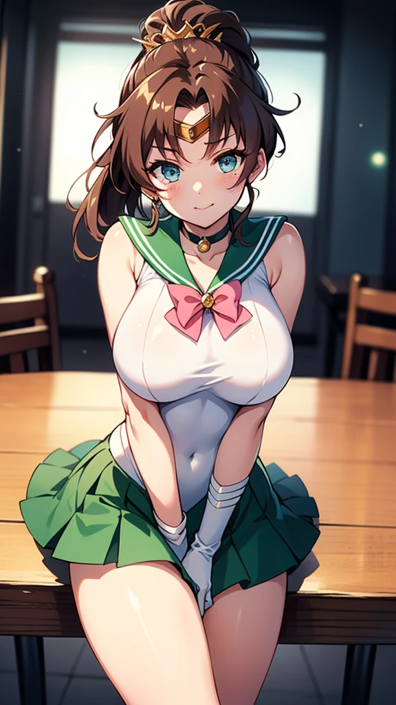 View your audience, See this、Looking into the camera、Sailor Jupiter、Are standing、Hmph , Thigh opening、Spread your legs、beautiful脚、Raise one leg、face exposed to light、Sparkling eyes、Vivid eyes、Clear contours、Clear contours、Clear contours、Detailed contours、blue eyes、Big eyes、Clear Eyes、Clear Eyes、ponytail、Brown Hair、White leotard、White gloves、Long gloves、Pink Ribbon、Gold Tiara、Green Brooch、Green sailor collar、Green mini skirt、Green pleated skirt、Green elbow pads、Green Boots、Sailor Moon、Laughter、Laughter、誇らしげなface、have confidence々face、かわいいface,((Tabletop)),((Highest quality)),Very detailed,Consciousness upward,Explicit,beautiful body,beautiful nose,beautiful character design,Perfect Eyes,完璧なface,wallpaper,Ultra-high resolution,4K,photograph,(beautiful, Large Breasts:1.2),(beautiful face:1.2),(beautiful legs, Perfect Legs),Glowing Skin,Official Style,one person's,masterpiece、Best image quality、detailed explanation、one person's,Large Breasts、Grassland、Grass