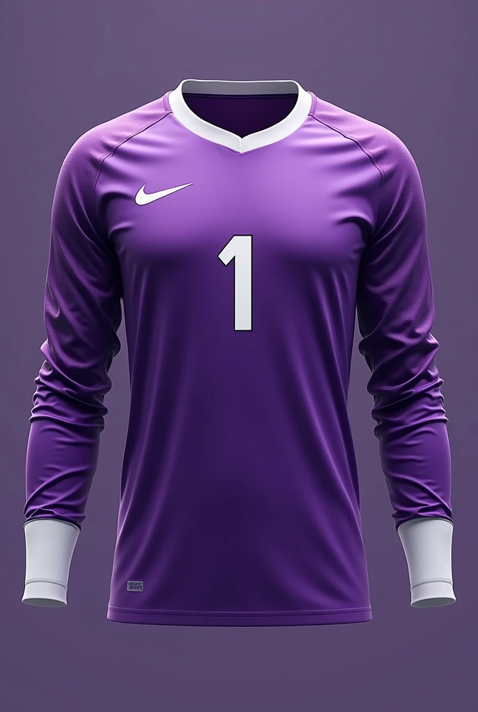 Realistic goalkeeper shirt in purple color, long sleeve with white hem and regular white collar, written the number 1, front