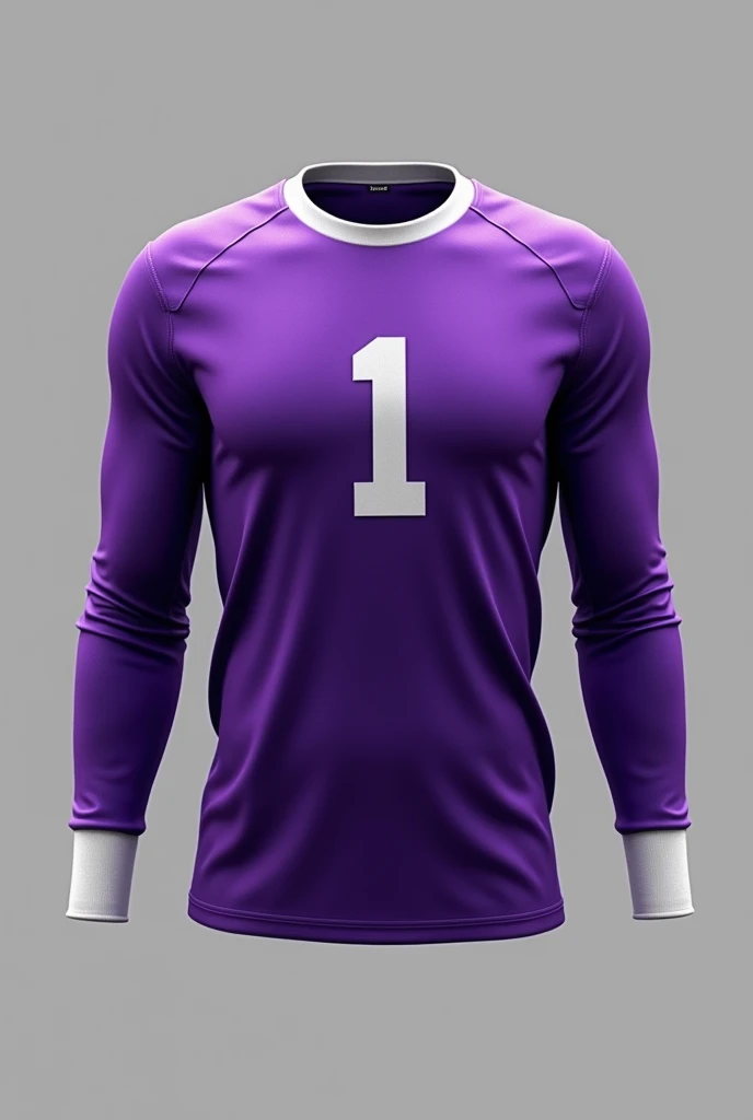 Realistic goalkeeper shirt in purple color, long sleeve with white hem and regular white collar, written the number 1, 正面