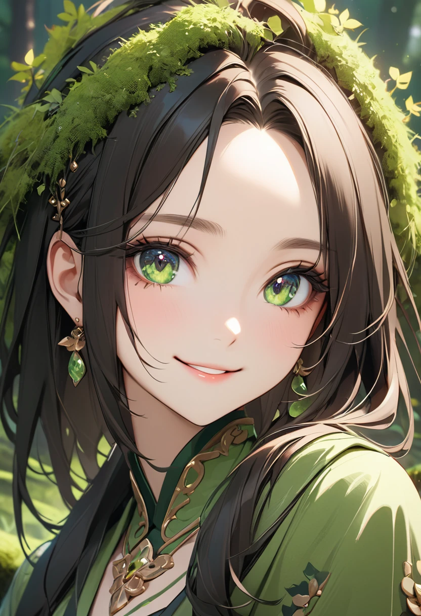 8K,high res,Skin details, Beautiful facial features, Exquisite makeup, Exquisite eyes, Eye detail,smile,forehead,dark hair,moss-green tops