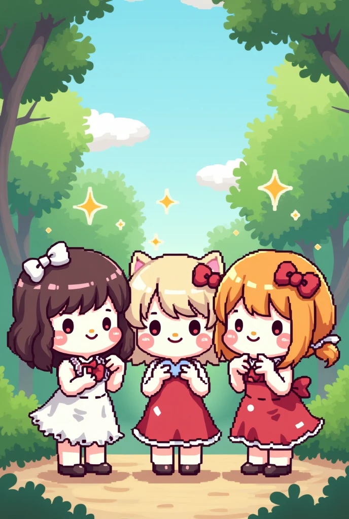 Create a pixel art style image of where there are 3 different hello kitty standing next to each other, one has shoulder height brown curly hair with curly curls, the second one has long straight lighter brown coloured hair, with some side bangs, and the third one has shoulder high orange-brownish straight hair. they're smiling and blushing, with some golden sparkles around them, their hands doing peace signs and hearts, while they are hugging. They look like they're having fun
They are all the same height, the background are some green trees in the background.