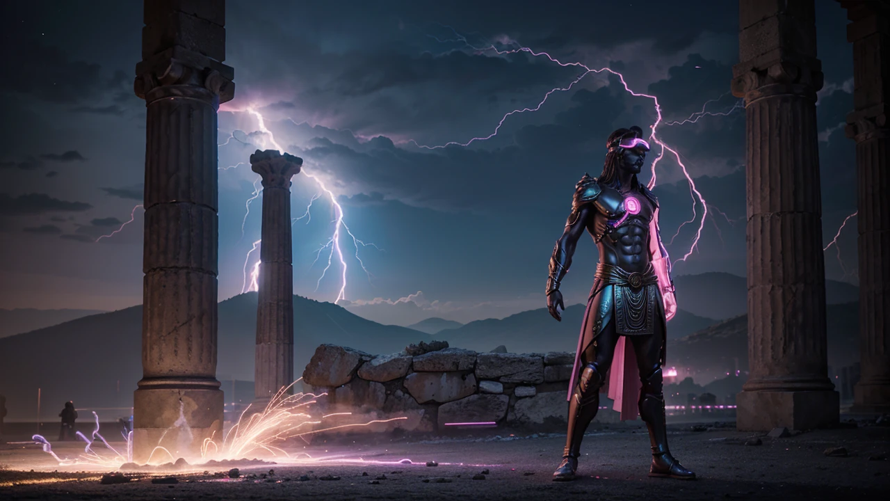 A hyper-realistic digital art of a Greek god-like figure wearing a virtual reality headset, standing in an ancient temple, surrounded by pillars, purple and pink lightning bolts crackling around, dramatic backlighting creating a neon halo effect, intricate details in the stone sculpture, futuristic and mythological fusion, high contrast, vivid colors, cinematic lighting, inspired by sci-fi and classical art, digital painting techniques, soft focus on the background, glowing elements