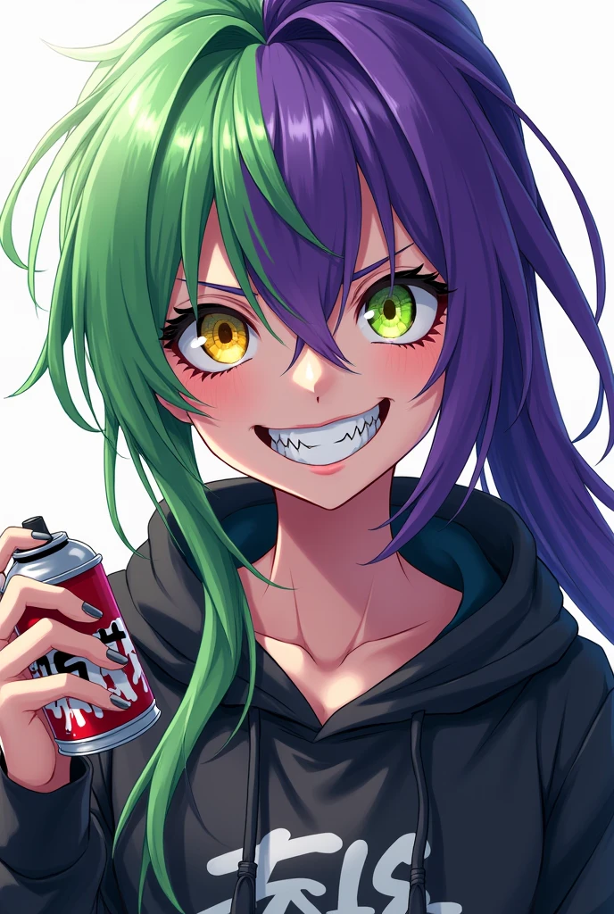 Generates a girl with green hair and eye on the left side and purple hair and eye on the right side in anime style. she wearing a hoodie and her tooth is sharp triangle shape, she is smiling exposing her tooth, punky style, long ponytail, tall, she is insane and rebellious, and she is holding a graffiti spray with her hand, best quality, wide open eyes