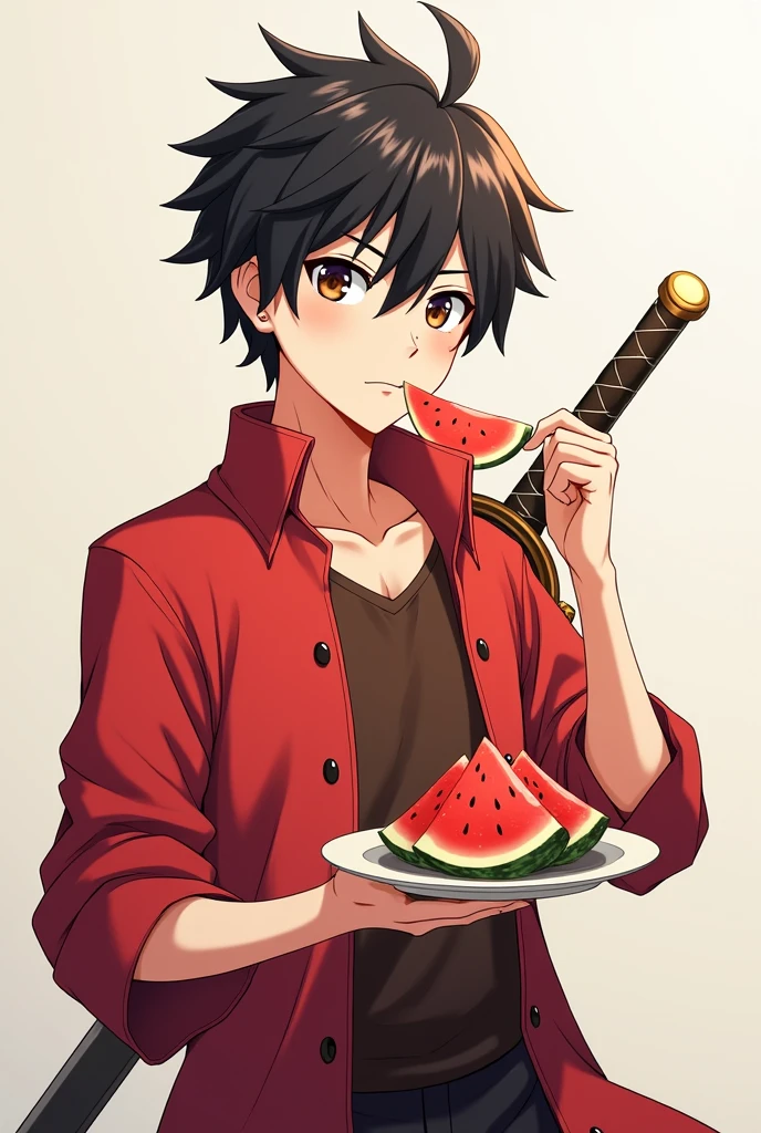 Anime boy, red swordsman shirt, The inner shirt is brown., have a plate of watermelon on top , black hair