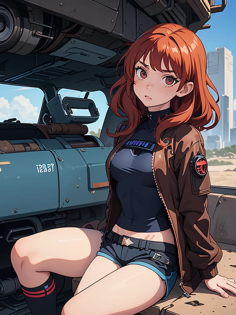 (masterpiece), (best quality), ((one girl)),alone, red hair,((brown eyes)),curly hair, anime style, freckles, (small breast) (petite figure), blue and black cyberpunk jacket, shorts, legs, long T-shirt, ((desert background))