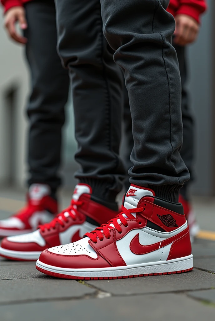 Two teenage boys both wearing nike jordans 1. The Jordans should be clearly visible and original in the picture. Both have their hair styled and the sides at zero. Both boys are German and the picture must look realistic