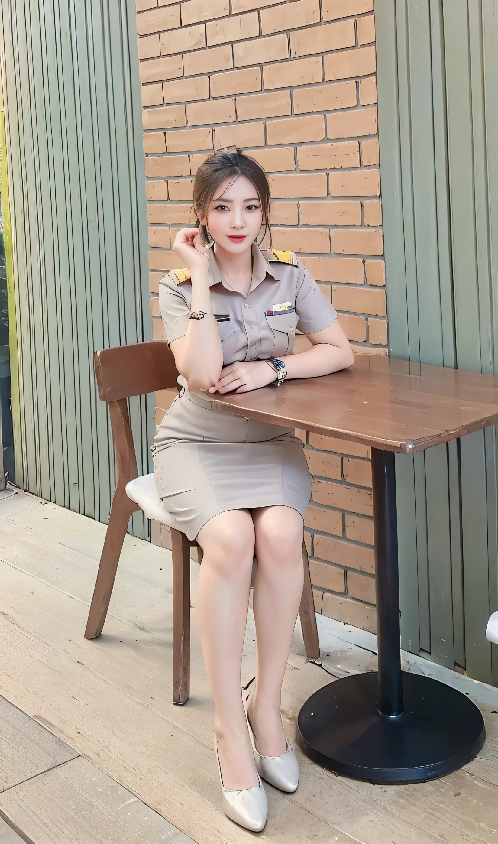 Khaki suit, khaki civil servant, Thai teacher uniform:1.3, Beautiful girl with extra long hair, Two meter long hair, Long hair that catches the eye, long black hair, Her hair is very long., Long, shiny hair, Long, thick, soft hair, Extra long hair, Dynamic posts, like full body, Short sleeve shirtสีกากี, short pencil skirtสีกากี, side cut, Decorated with military insignia., black high heels, The sexiest, small waist, hips raised, small thighs, Long legs, big breastsโต, big breasts:1.5, big breast, Very big breasts, Eye-catching breasts, Large breasts pierce the shirt, Not completely covered, big breast, Huge breast, Big tits D, สาวTwo meter long hair, Beautiful face, red lips, Very shiny, แต่งBeautiful face, Military rank insignia, short pencil skirt, tight, Short sleeve shirt, tight fitting, in the background, blurred garden. ultra short skirt, , Focus on short skirts, standing mannequin, walk, straight face, Open the top button., Standing in front of the flagpole, respect the national flag, Flag of Thailand
