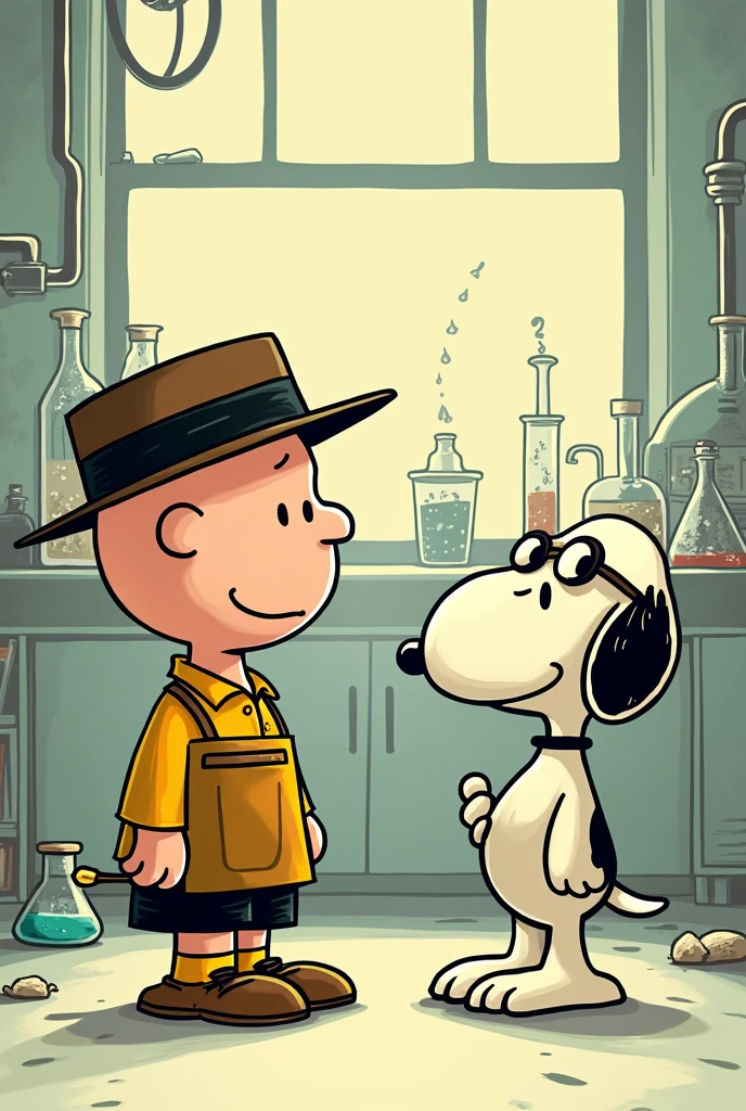 Imagine a Peanuts-style drawing, with simple and expressive characters. Combinando la escencia de la serie breaking bad. 

- *Charlie Brown como Walter White:** You could draw Charlie Brown with a hat and glasses similar to Walter White&#39;s., maybe with a lab apron.

- **Snoopy como Jesse Pinkman:** Snoopy could be dressed in Jesse&#39;s signature clothes, with a slightly rebellious attitude.

Remember, crea a Snoopy como Jesse y a Charlie como Walter White 

- **Laboratory scenario: Peanuts-style meth lab, with simplified machinery and a background that evokes the aesthetics of the series but with a touch .

This would combine the simple and charming style of Peanuts with the iconic elements of *breaking bad*.
