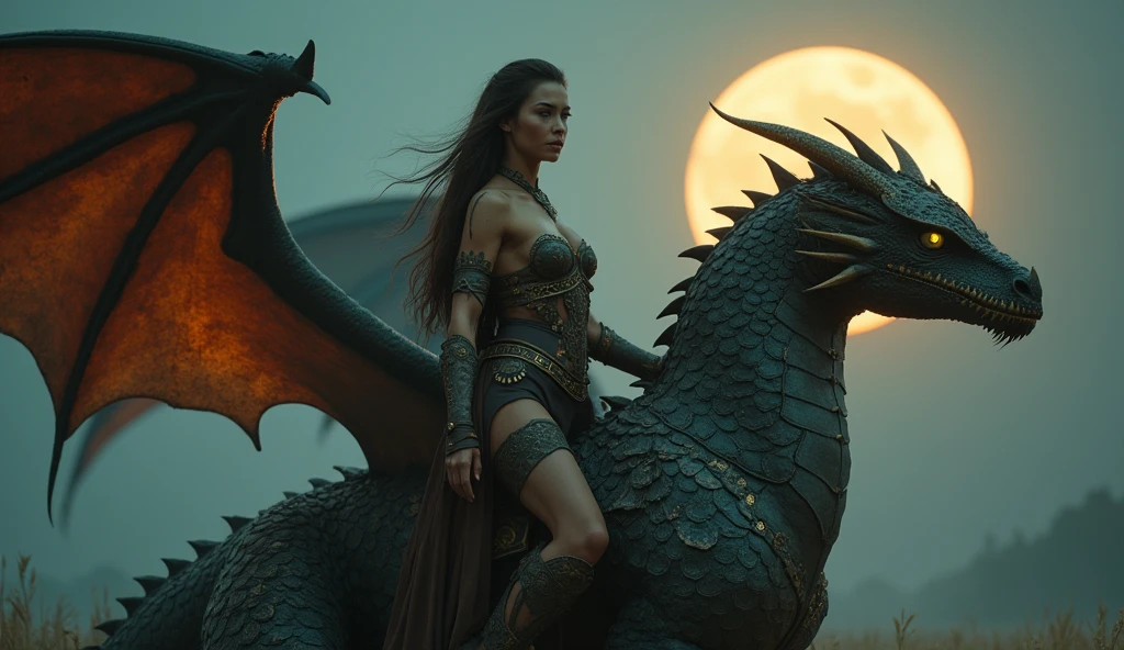 Beautiful and detailed warrior woman with Mediterranean features and dark skin.、、Full-length portrait、Side shot slightly turned towards the camera.、Wide shot、（(She wears minimal leather and metal armor inlaid with gemstones that reveals quite a bit of her naked body and Sensula is riding a towering, fire-breathing, flying dragon.：1.4)）、(In a spooky environment with a huge full moon.:1.5))、Ideal body type、Large, perfect breasts、Small, detailed waist、Exquisitely detailed butt、Beautifully detailed crotch、Exquisitely detailed thighs、Beautifully detailed green eyes、Beautiful face、Captivating, mischievous gaze、Long, flowing brown hair、(without clothes), Ultra-compact、8K、Hyper-realistic、Dramatic lighting, chiaroscuro, dramatic atmosphere, elegant, functional, individual, photorealistic, awards, Exquisite details, volumetric lighting, vibrant colors, cinematic, masterpiece.