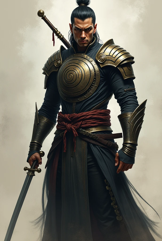 A clerk,an asiatic human,with a spiral armor,using a dagger curved to the left side,brooding,with a man&#39;s body