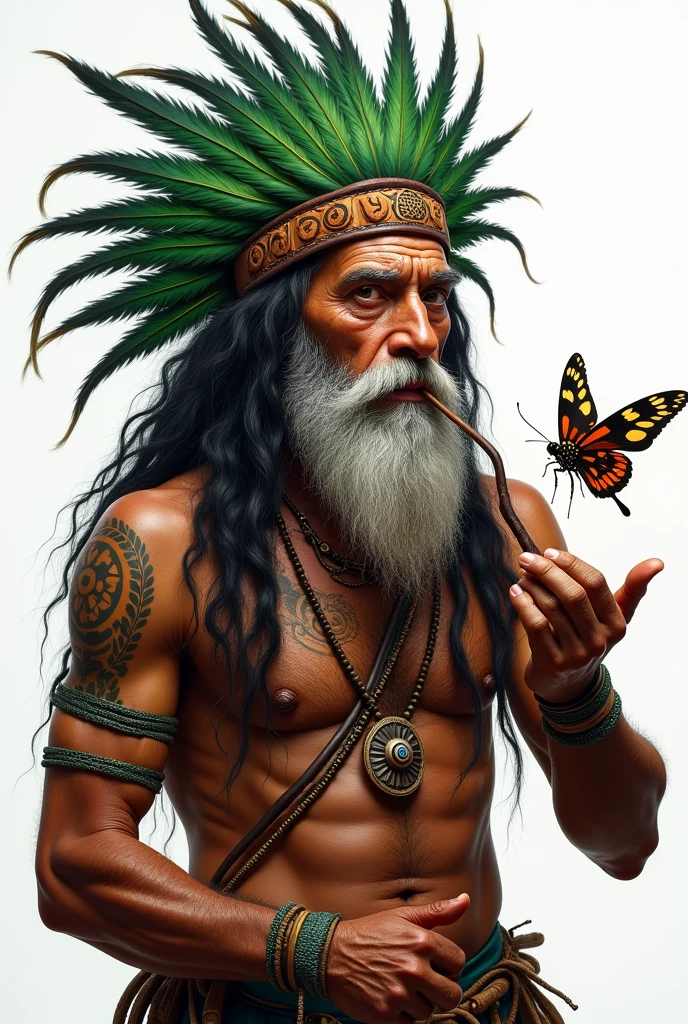 (Masterpiece artwork, high qualiy, best qualityer, offcial art, beautiful and seductive aesthetics: 1.2) detailed, (curriculum: 1.4, Fractal Art: 1.3), (Bblack hair: 1.1), Destiny \ (series \), Indian, close to old age, Bblack hair, longye hair, braided hair, tribal body paintings, eyes browns, black beard sawed on the face, old body, old strong, naughty man, pinturas Indigenous no corpo, Cords, fully body, seed cord, Wise Posture, smoking a pipe, cachimbo Indigenous, feather headdresss, green headdress, red and white, feather headdress, Indian brasileiro , white background, naughty man, a moth in the hair, serrated beard, naughty man, Indian, Indigenous, fully body, white background imagem inteira