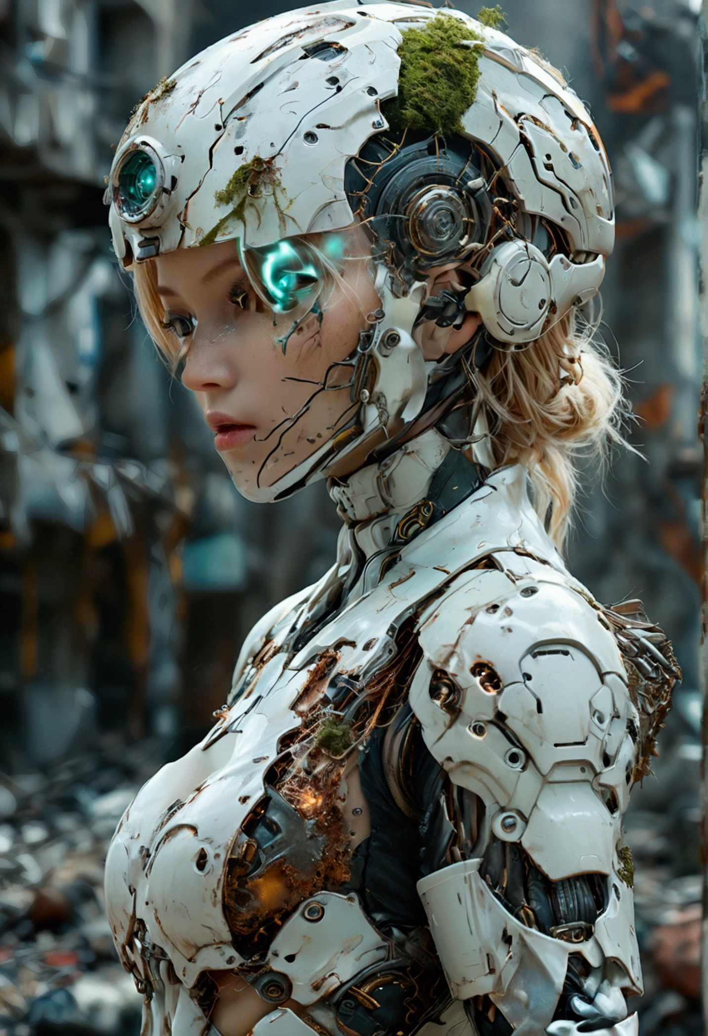 ((masterpiece, highest quality, Highest image quality, High resolution, photorealistic, Raw photo, 8K)), Abandoned robot soldier on battlefield, broken and immobile, rust and moss showing passage of time, female cyborg body, Blonde, female body, biomechanical , extra detailed body, blowjob white mech, white biomechanical details, detailed body, shiny white armor, cybernetic body, eva unit-00 on back, full body details, destroyed city in the background