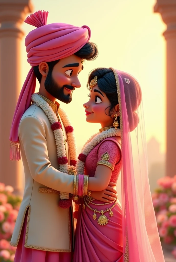 Create a Pixar image of a couple in wedding girl is wearing a pink lehenga white garland heavy jewellery nose ring veil on head covering entire head is blushing and looking down at floor. Slightly chubby and dimple fir bride. Groom has a light beard young looking silver sherwani and pink turban covering head looking at bride and golding her hand. White garland. Both are married and in love and they are young looking