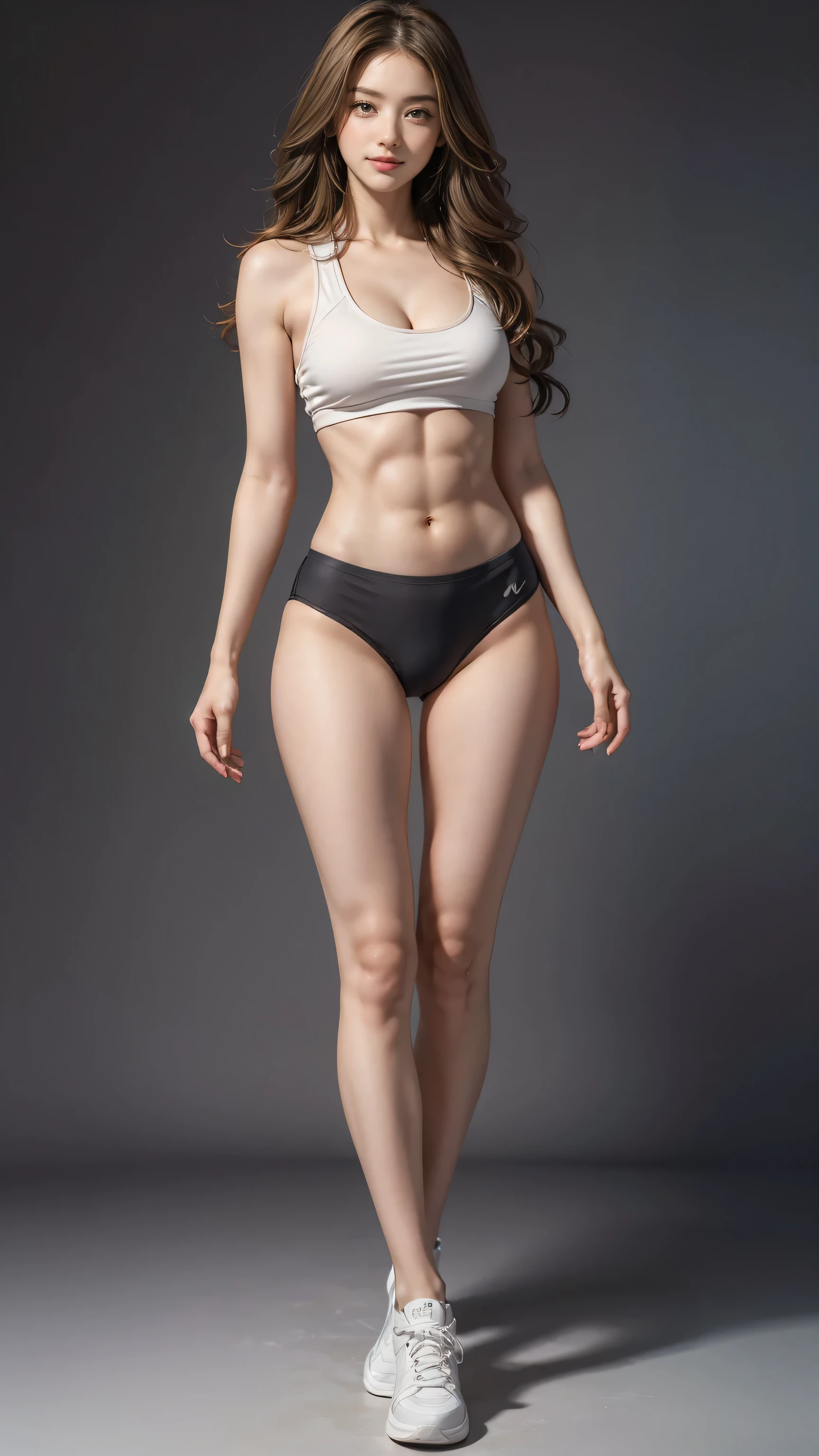 ((Highest quality, Tabletop, Ultra-high resolution、The most complex and detailed depiction))、(Bright lighting:1.1)、(Beautiful woman:1.1)、(Slim woman:1.9)、(Light wavy hair:1.8)、((Stylishly designed training wear)), ((Low Rise High Leg Panties)),((sneakers:1.8,)), (Sexy pose:1.5),(I can see your abs:1.5),Best smile:1.5，Full Body Shot:1.5，Gray background:1.5，Blonde wavy hair:1.8,Random Blonde:1.8,Curly Hair:1.8,Long Hair:1.5,sleek bangs:1.8,Large Breasts:1.6,gal,Sunburned skin:1.9,Thin fingers:1.5,smile:1.5,The whites of the eyes are clear:1.8,Centered:1.5,Cleavage:1.5,Tall:1.8,