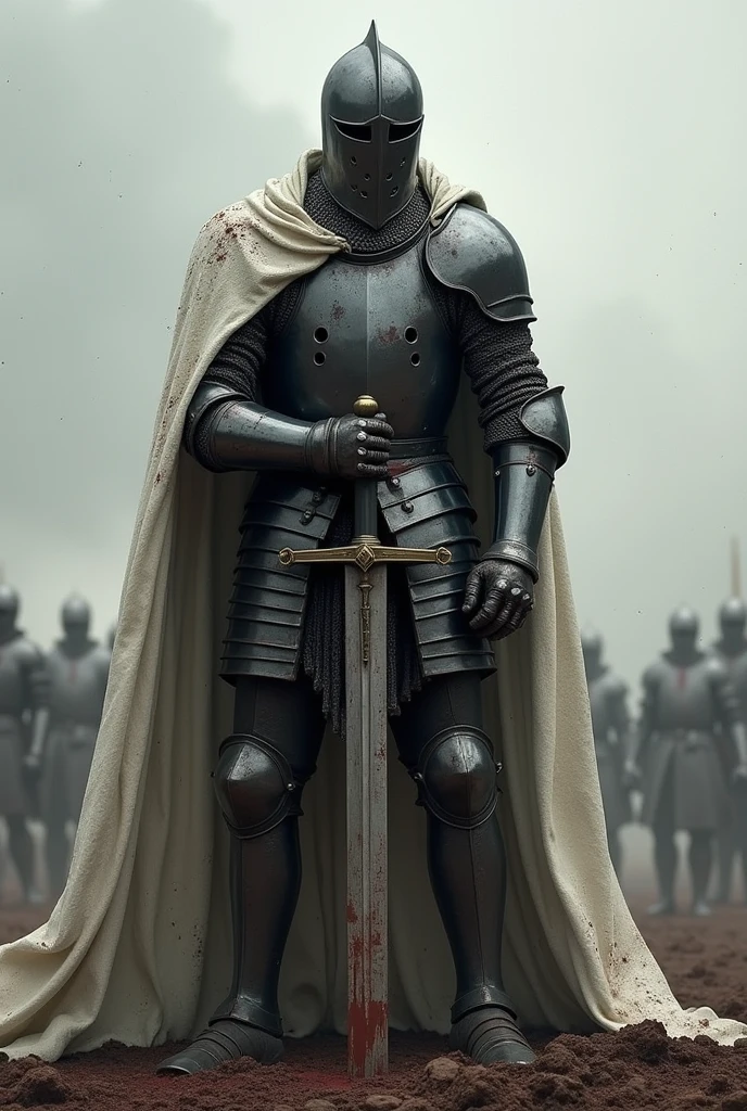 A medieval knight with black armor and a white cape, his helmet has a narrow visor with 5 small holes on the right side.,the knight is dirty with blood and mud supporting a large sword on the ground with both hands after a battle