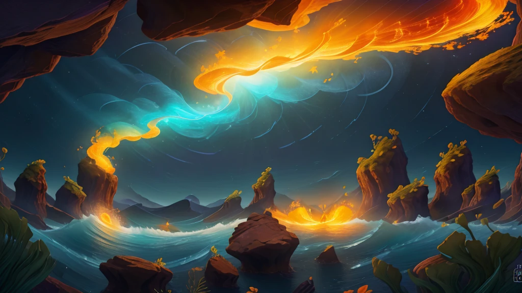 "A vibrant digital painting of a dark, turbulent, primordial ocean. A bright beam of light, representing the word of God, cuts through the darkness, creating waves of energy that spread out in all directions. The colors change rapidly, from dark blue to shades of purple, orange and yellow, representing the transition from chaos to order. The camera pulls back, revealing an ever-expanding universe, with stars and galaxies emerging from the darkness."