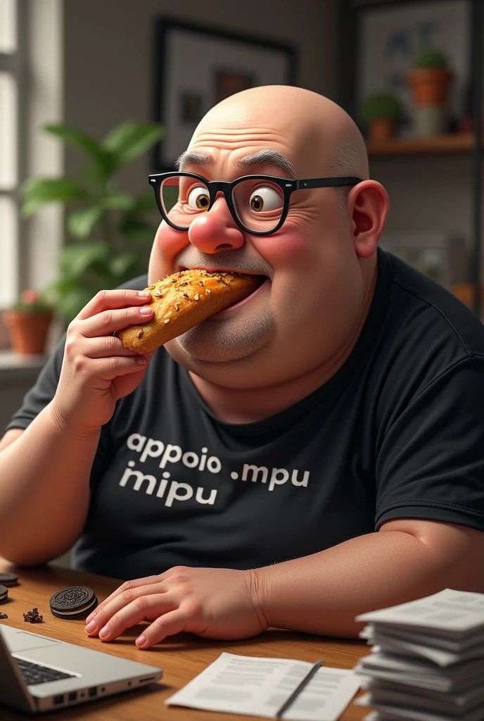 white male, aged 50, baldie, fatter, cheeky, paunchy, wrinkled face, wearing glasses, eating baguette with ham, leaning against a cluttered computer desk, stacks of papers, Oreo crumbs and cookies. Wearing a black shirt with the phrase APPOIO MPU