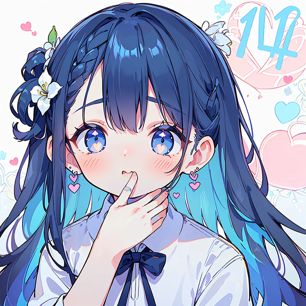 ((17years old man:1.3)), masterpiece, best quality, braid hair, dark blue hair, (half up and half down hair:1.1),(portrait),white wedding dress,(pop and cute flower pattern background), (perfect hand),(blue,white),looking front,((Large and gorgeous earrings:1.1)),(KISS Face:1.35),((upper body)),((heart:1.2)),((hand to own mouth:1.35)),(blush:1.3)