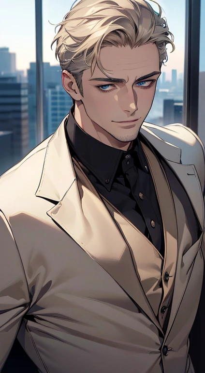 (best quality,4k,8k,highres,masterpiece:1.2),ultra-detailed,(realistic,photorealistic,photo-realistic:1.37),1 man,3,mature man,very handsome,without expression,smile,short grey golden hair,blue eyes,penetrating gaze,perfect face without errors,imposing posture,businessman,office background,cinematic lighting,hdr image