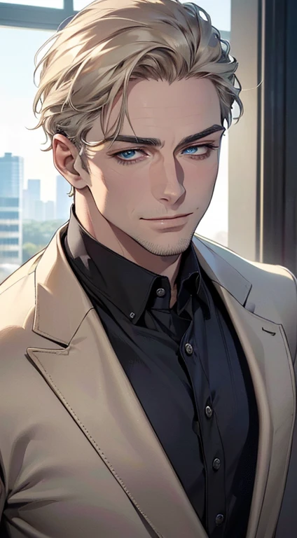 (best quality,4k,8k,highres,masterpiece:1.2),ultra-detailed,(realistic,photorealistic,photo-realistic:1.37),1 man,3,mature man,very handsome,without expression,smile,short grey golden hair,blue eyes,penetrating gaze,perfect face without errors,imposing posture,businessman,office background,cinematic lighting,hdr image